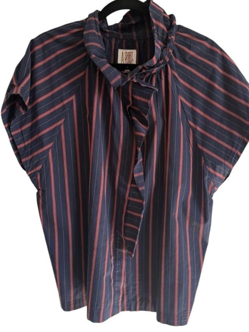 A Shirt A Thing "Stella" Ruffle Blouse in Navy and Maroon Stripes, Size Medium/L